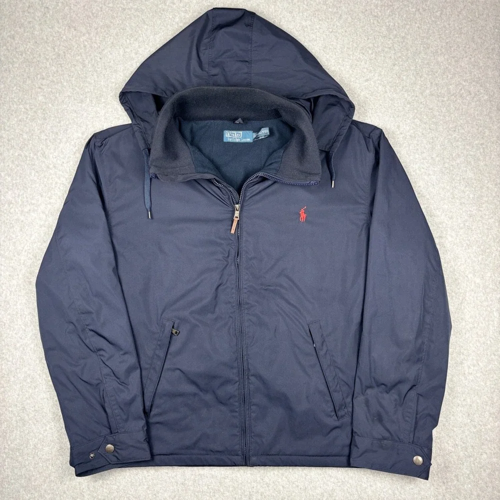 Polo Ralph Lauren Windbreaker Mens XXL Navy Blue Fleece Lined Hooded Jacket Pony